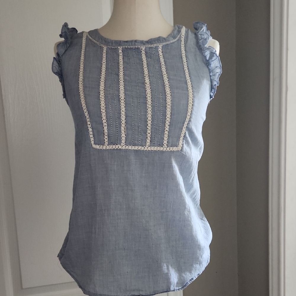 LOFT Blue Sleeveless Blouse with White Lace Detail